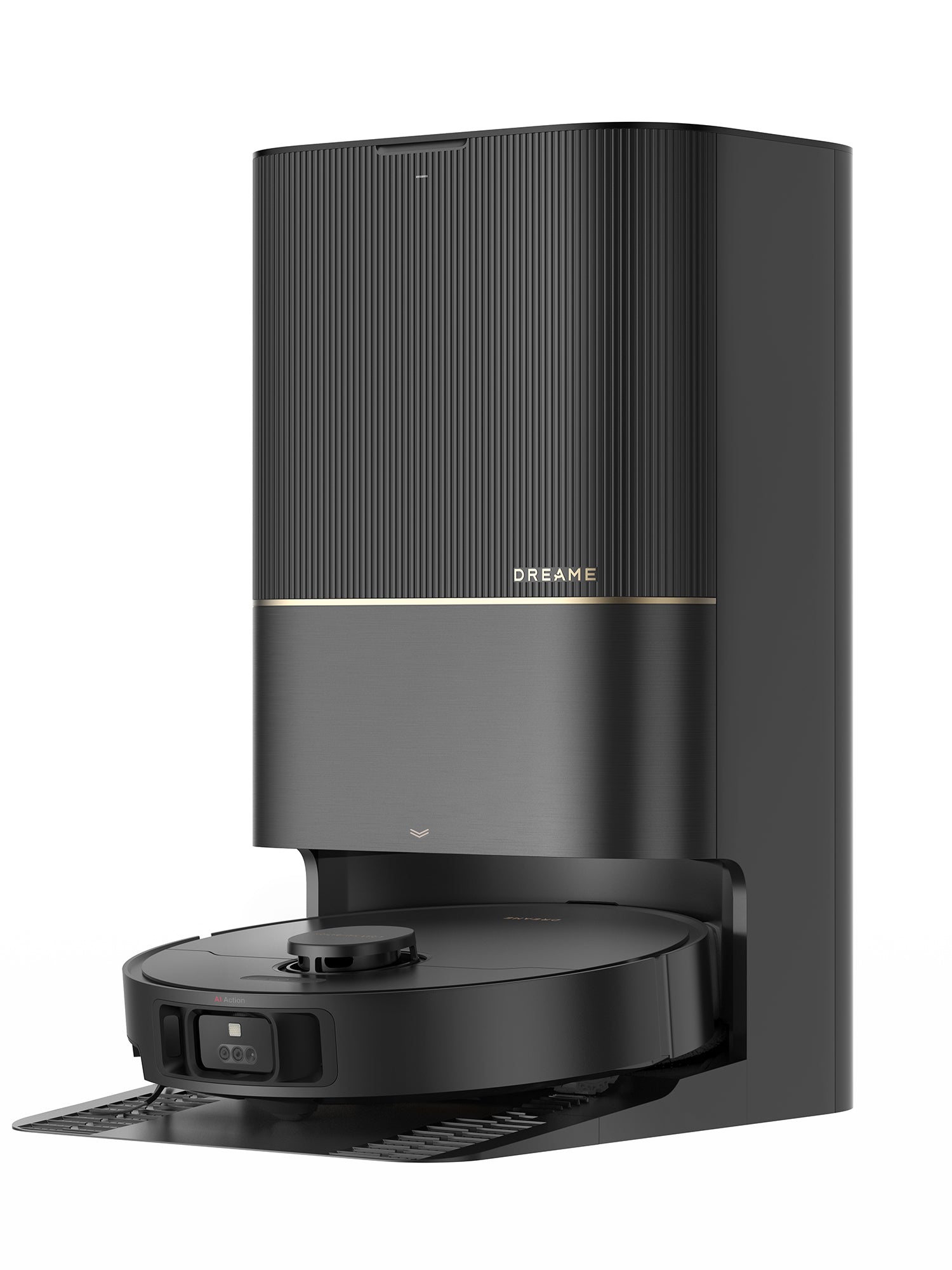 Black robotic vacuum cleaner with 'Dreame' branding on a white background